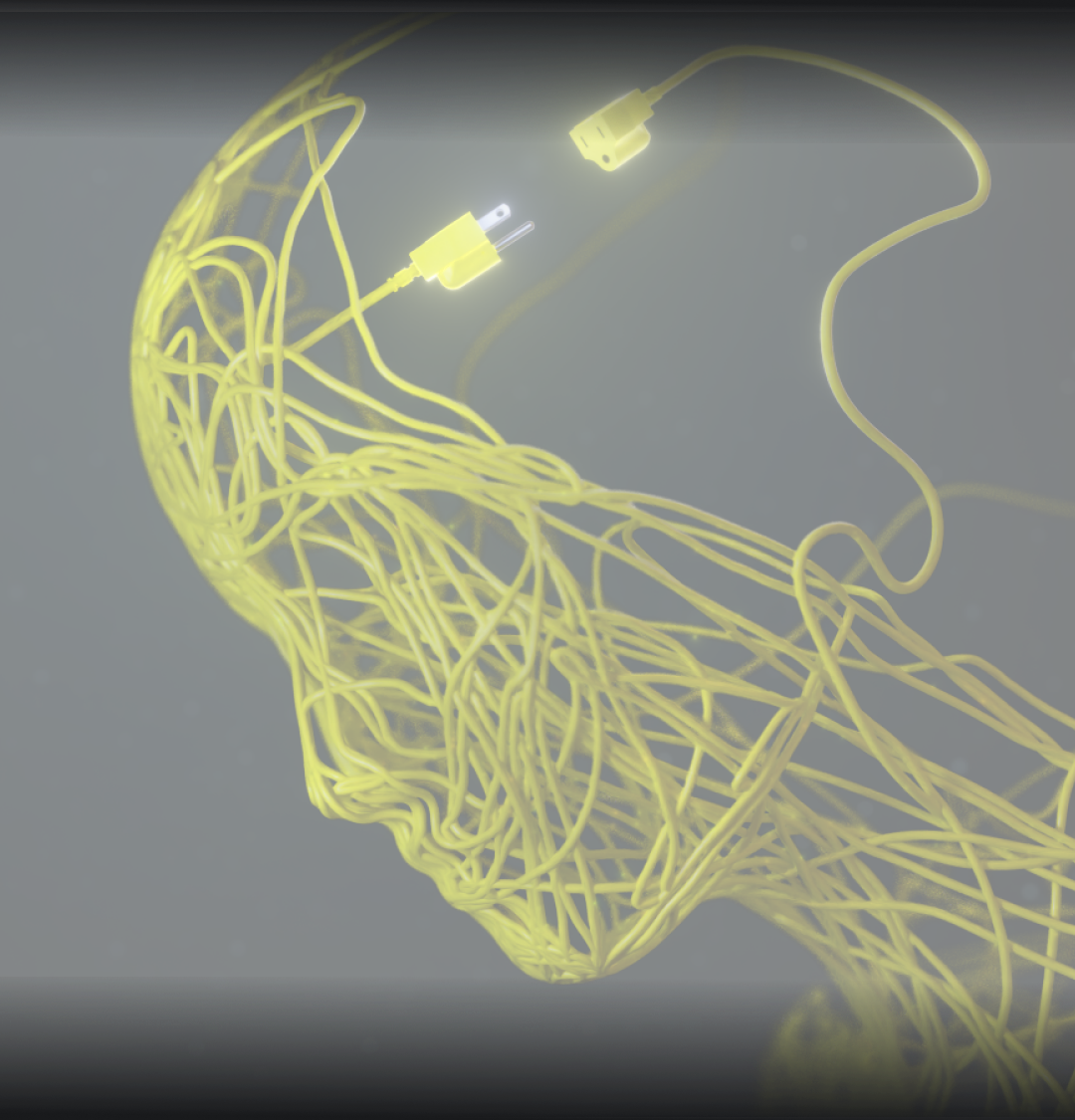 Illustration of a brain that's shaped by neon wires that almost connect
