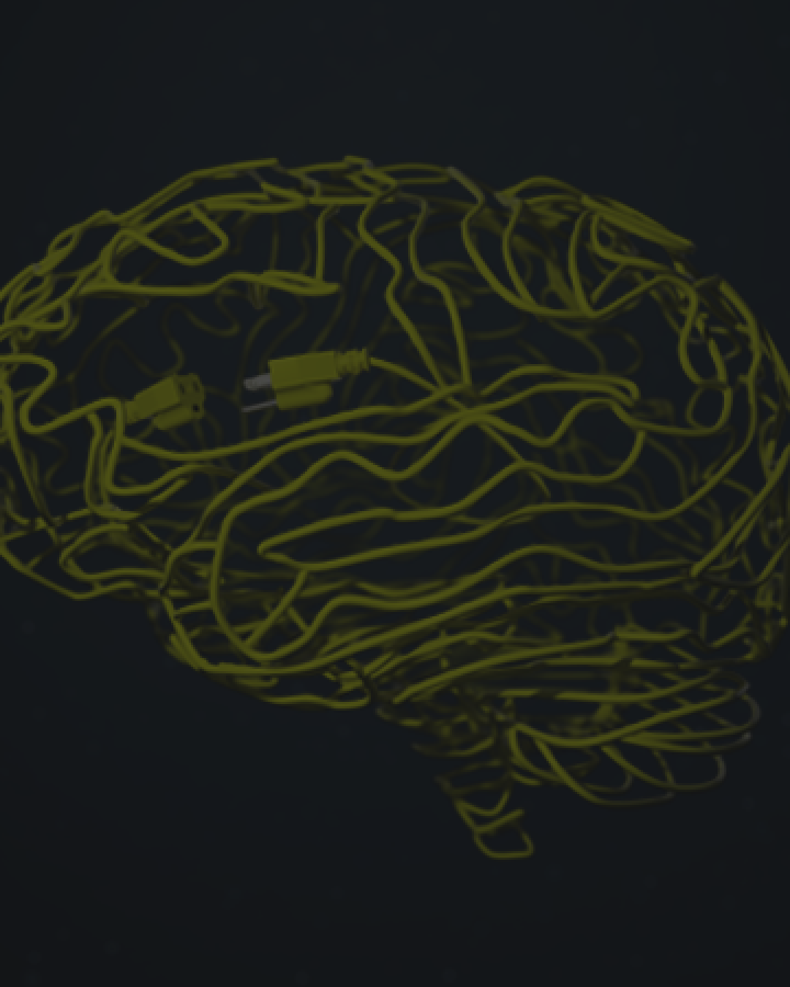 Illustration of a brain that's shaped by neon wires that almost connect